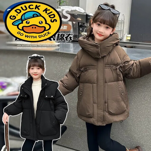 G.duck girls' winter cotton coat new thickened medium and large children's down winter cotton coat children's cotton-padded jacket black 150