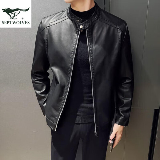 Septwolves Recommended by Yangma Spring and Autumn Thin Stand Collar Simple Large Size Casual Slim Leather Jacket Men's Fashion Velvet Motorcycle PU Black Thin M _Recommended 100-110 Jin Jin equals 0.5 kg