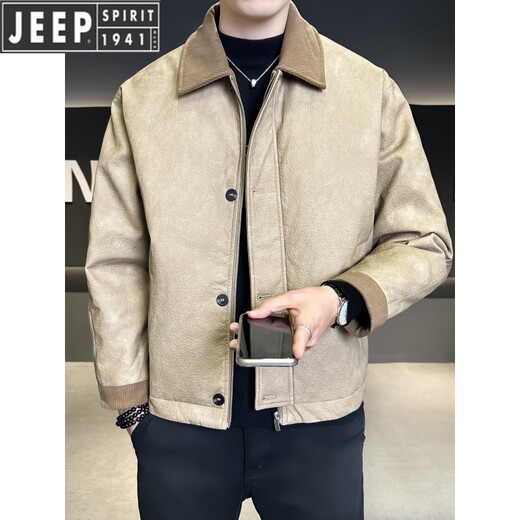 JEEP Jeep Leather Down Jacket Men's Lapel Winter 2026 New Casual Splicing Design Duck Down Jacket Men's Winter Clothing Black XL