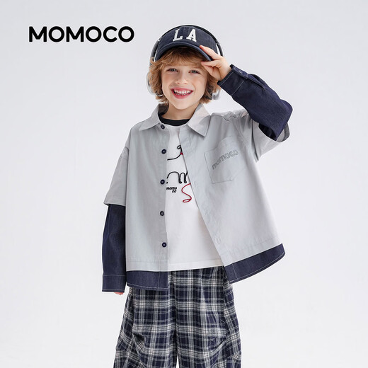 Mami Maka (MOMOCO) children's clothing boys' shirts 2026 spring style medium and large children's fashion versatile trendy shirts gray 110