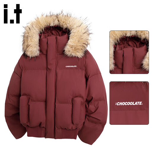 CHOCOOLATE it red fur collar hooded casual versatile bread coat men's winter warm and cold-proof loose cotton jacket red 3XL recommended 165-185Jin Jin equals 0.5 kg