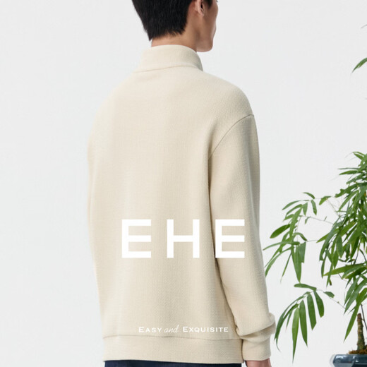 EHE men's air layer pleated three-dimensional texture stand collar zipper drop shoulder fitted sweatshirt men 2026 spring new style beige, S