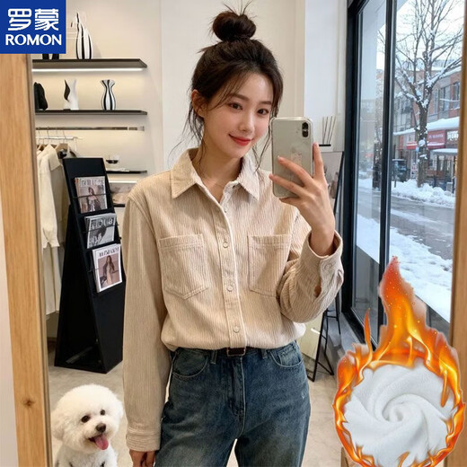 ROMON corduroy long-sleeved shirt for women with niche design for fall and winter, thickened velvet, loose temperament top, petite jacket, pink - thickened velvet, S