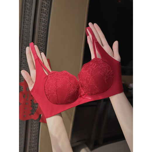 ESSONIO Zodiac Year Red Underwear Set Women's Small Breasts Gather Up and Enlarge Torre Lace Year of the Horse Underwear Wedding Bridal Bra Maroon-Set 70A/32A (for good luck)