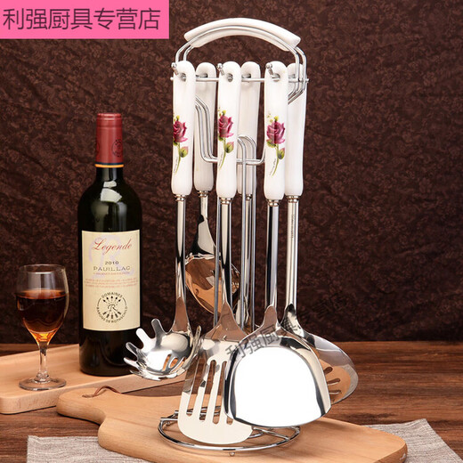 Hualeji stainless steel kitchen utensils spatula set kitchen cooking spatula soup spoon colander household anti-scalding complete set of cooking imperial concubine flower portable rack 7-piece set