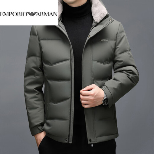 EMPORIO ARMANI Armani thickened down jacket men's short 2026 winter new style removable hood white duck down winter clothing warm and casual green XL 180 (140-155Jin Jin equals 0.5 kg)