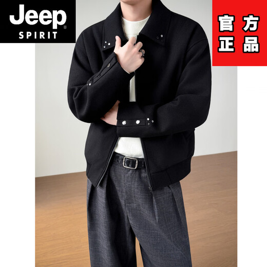 JEEP SPIRIT Korean design woolen jacket men's autumn and winter thickened tops handsome trendy brand lapel woolen jacket black 2XL