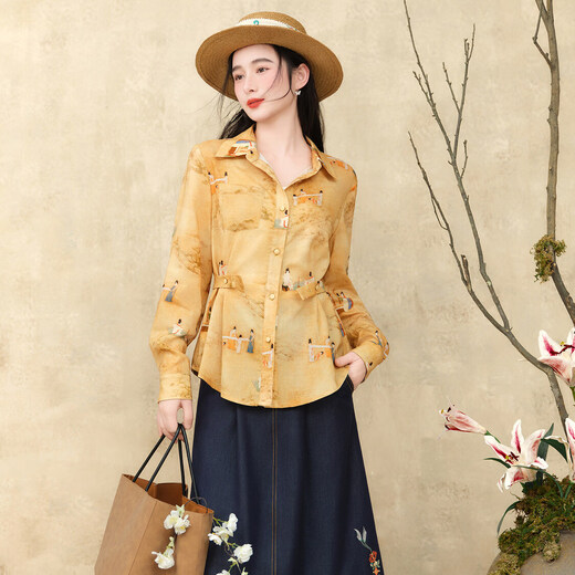 Su Luo's original <Pounding Practice Picture Yunli Imperial City 2> Spring new style national trend printed casual loose shirt 篾黄M