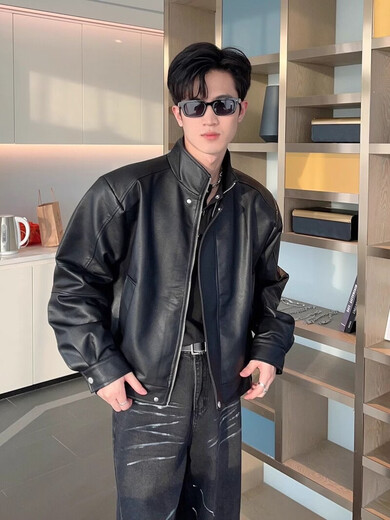 Lanye Mengxiang Xinji Leather Jacket Spring and Autumn Short Maillard Leather Jacket Men's Loose and Handsome Stand-up Collar Shoulder Pad Motorcycle Suit PU Black High-Quality Customized Model-Direct Sales M Recommendation 100-120Jin Jin is equal to 0.5 kg