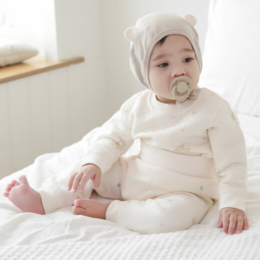 GARDEN CITY baby three-layer thermal underwear autumn and winter pure cotton high-waisted large PP pants for boys and girls, thickened autumn clothes and autumn pants, milky apricot color, suitable for wear above 18 degrees, 73 cm 8-10kg丨Choose the fit according to your height