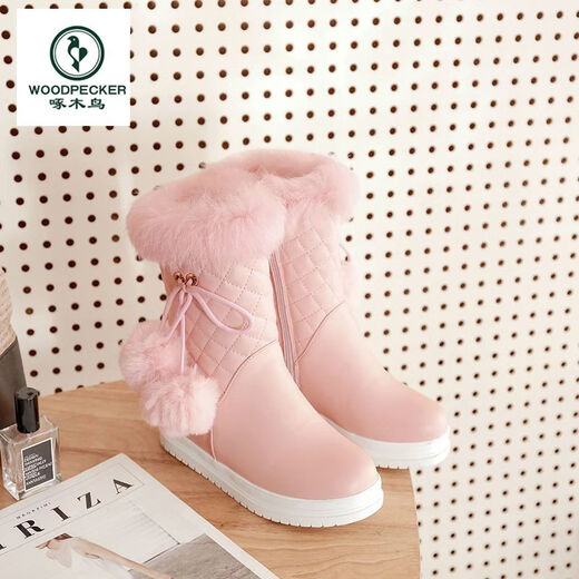 Woodpecker 2025 New Sweet Student Short Boots Women's Winter Thickened Anti-Slip Cotton Shoes Women's Velvet Warm Mid-calf Snow Boots Women's White (Plus Thick Velvet) Free Socks 37