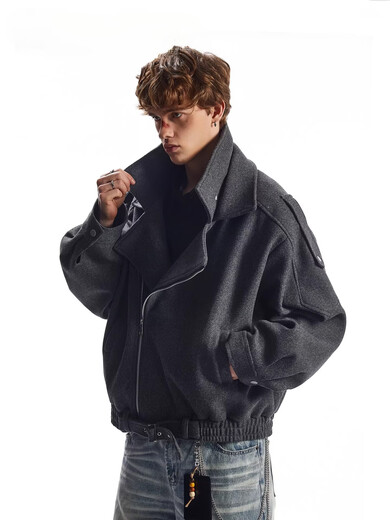 OEMG American retro deconstructed woolen coat men's autumn and winter tops thickened warm silhouette lapel jacket dark gray high quality XL recommended 110-130Jin Jin equals 0.5 kg