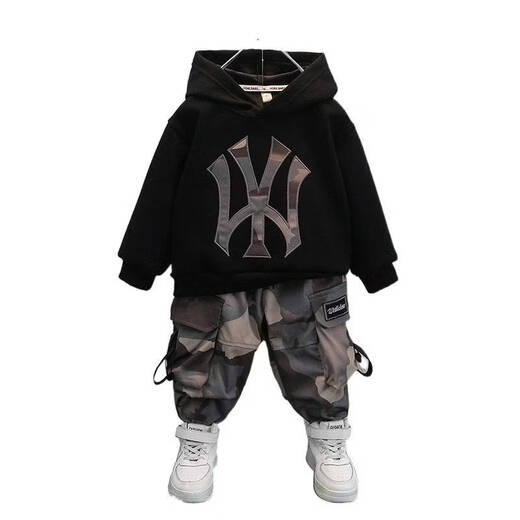 Qi Yuemang Boys Autumn and Winter Clothing Set 2026 Western Style Children's Clothes Children's Plus Velvet Thickened Cotton Two-piece Set Trendy Black 90 cm