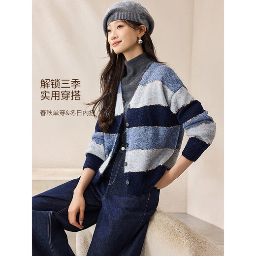 Mohan Yimei Contrast Color Striped Top 2025 Winter Wool V-neck Soft and Waxy Atmosphere Fresh Cardigan Sweater for Women