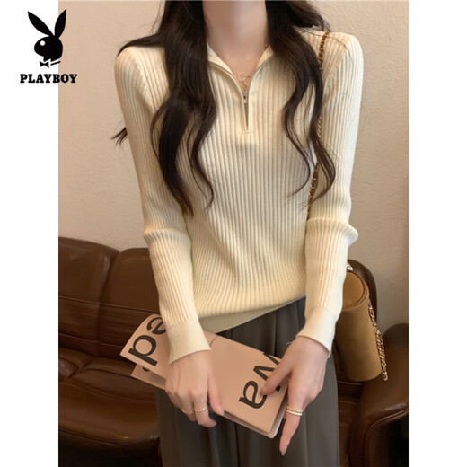 Playboy (PLAYBOY) new spring, autumn and winter stand-up collar long-sleeved bottoming sweater top can be worn outside with a zipper sweater inside with a western style. White, one size fits all, high elasticity, 70-125Jin Jin is equal to 0.5 kg