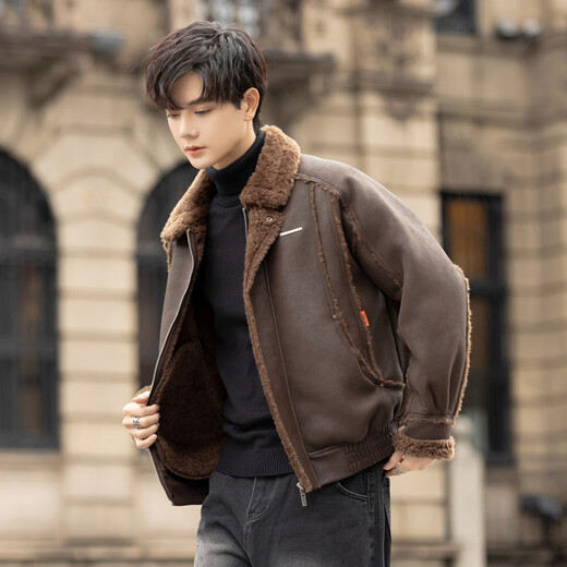 GENIUS国际一线品牌皮毛一体外套男冬季潮牌羊羔毛夹克加绒加厚羊羔绒棉 咖啡色 M