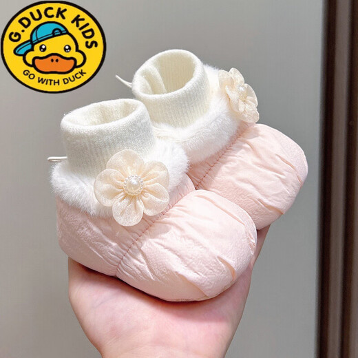 G.duck小黄鸭冬季婴儿加绒软底鞋女宝宝棉鞋袜保暖新生儿鞋子0-1岁花朵 卡其(冬暖棉鞋-侧上琉金花) 11.5 内长cm