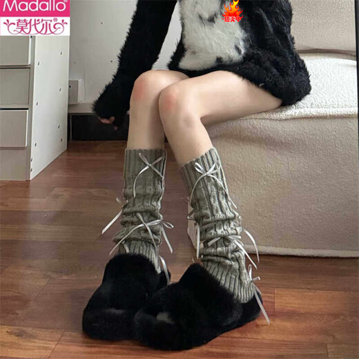 Modal bow socks calf socks women Japanese JK autumn and winter warm knitted pile socks lolita cute leg covers beige one size