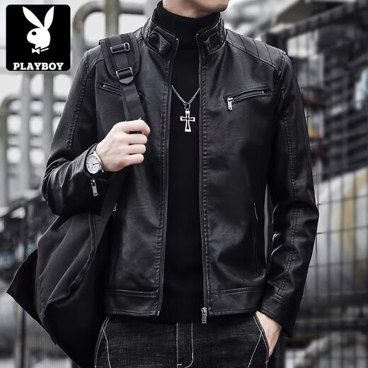 Playboy (PLAYBOY) leather jacket men's stand collar Haining trendy brand handsome casual autumn and winter motorcycle leather jacket large size coat A609 black without velvet L 105-120Jin Jin equals 0.5 kg