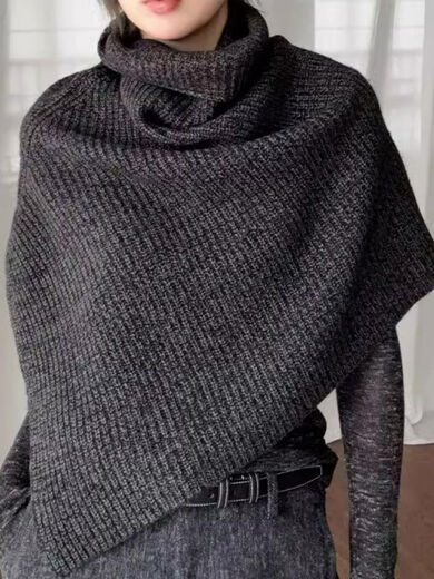 Dark gray high collar knitted scarf women's French winter layered slit pullover shawl cloak thick dark gray