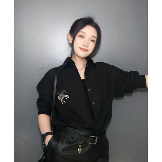 GIRDEAR's new style exquisite three-dimensional printed casual versatile long-sleeved women's simple shirt 1300989 Black S (2)