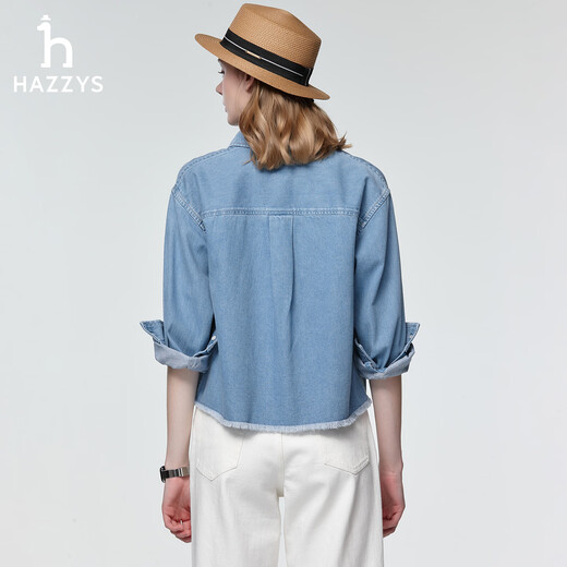 HAZZYS Women's Clothing Spring Women's PHIZ Series Washed Short Denim Long Sleeve Shirt Women ASCSK1DAX06 Blue BL M (160/84A 38)
