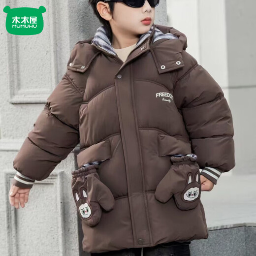 Mumuwu (mumuwu) fashionable winter cotton coat for middle-aged and older children, pull cloth gloves, boys' down cotton coat, velvet and thickened children's style jacket, black 130 cm
