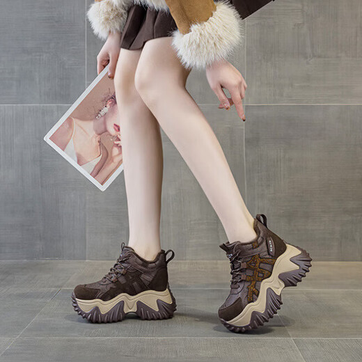 OLJ luxury high-end brand women's shoes dad shoes 2025 winter new casual and versatile velvet warm and height-increasing sneakers velvet brown 34