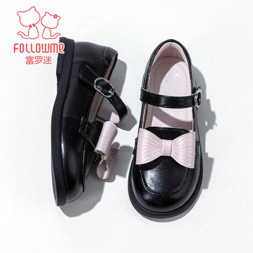 Fuluo Mi Girls Leather Shoes Spring New Sweet Bow Princess Shoes Little Girls Soft Sole Lightweight Loafers Black 30