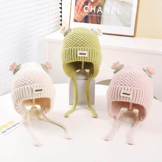 JOYNCLEON baby hat autumn and winter warm thickened knitted ear protection hat for young children going out windproof woolen hat off-white 40-48cm 4 months-2 years old