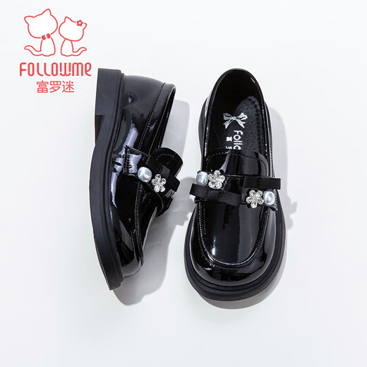 Fuluo Mi Girls Leather Shoes Spring Sweet and Fashionable Campus Loafers Little Girls One-Piece Soft Sole Shoes Shadow Black 32