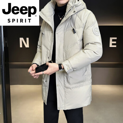 JEEP SPIRIT中长款羽绒服男装冬季2025新款潮牌加厚保暖帅气连帽鸭绒防寒外套 白灰色 XL