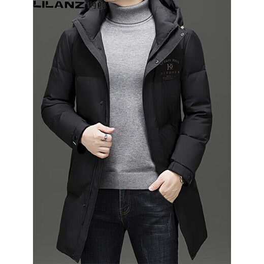 LILANZ men's mid-length down jacket middle-aged men's business casual versatile hooded warm white duck down jacket trendy black 18-25803 M 170