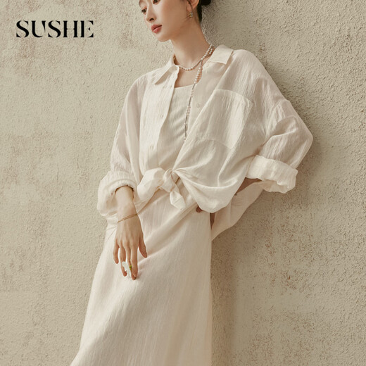 SUSHE soft layered French resort style glossy acetate micro-transparent shirt/slip dress set Moonlight Sands-Shirt L