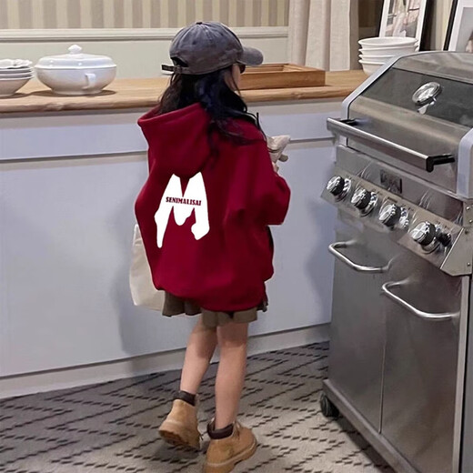 Wooden house red sweatshirt for girls, thickened and velvet, loose children's primary school class uniform, hooded cotton dance hiphop top, hooded burgundy M cat spring and autumn thin style 110 recommended height 100-110CM