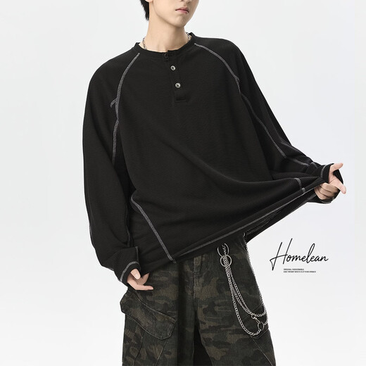 Homlean casual sweatshirt Henry collar long-sleeved T-shirt men's loose inner textured versatile top HW11 Obsidian Black L