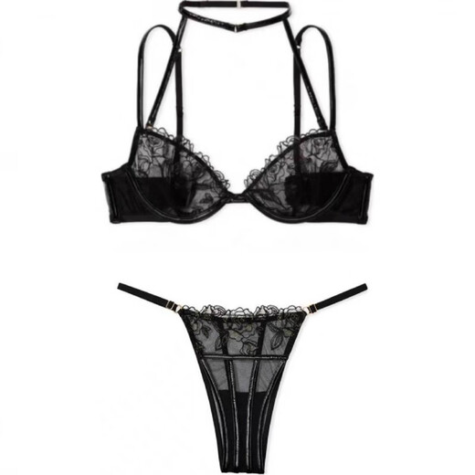 Victoria's Secret Embroidered Rose Patent Leather Soft Ultra-Thin Halter Neck Bra Underwear Set Women's Black Suit (Black) M 34B+