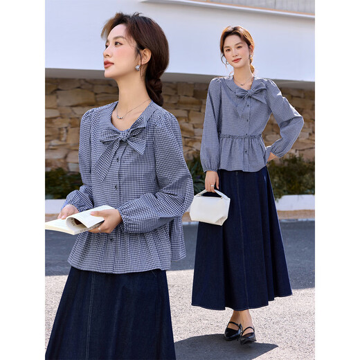 Fanximan blue fashion plaid cotton shirt for women 26 spring new butterfly tie round neck long-sleeved top A3835 blue plaid S (recommended 90-100Jin Jin equals 0.5 kg)