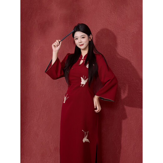 Fu Ling Annual Meeting New Chinese Style Improved Cheongsam Dress Plus Size Women's Clothes Fat MM Wu Zhenyuan First Year Banquet Mother's Embroidered Waistband Purple Parts will be shipped the next day XL 120 to 140 Jin Jin equals 0.5 kg
