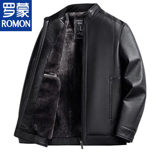 ROMON high-end soft leather middle-aged leather jacket plus velvet thickened men's casual loose large size leather jacket middle-aged and elderly dad's outfit really upgraded black plus velvet standing leather jacket thickened 3XL 190 reference weight 160-180Jin Jin is equal to 0.5 kg