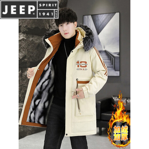 JEEP SPIRIT mid-length cotton coat 2025 new winter trend warm windbreaker plus velvet thickened parka jacket long coat 2383 red (with fur collar) Wang M