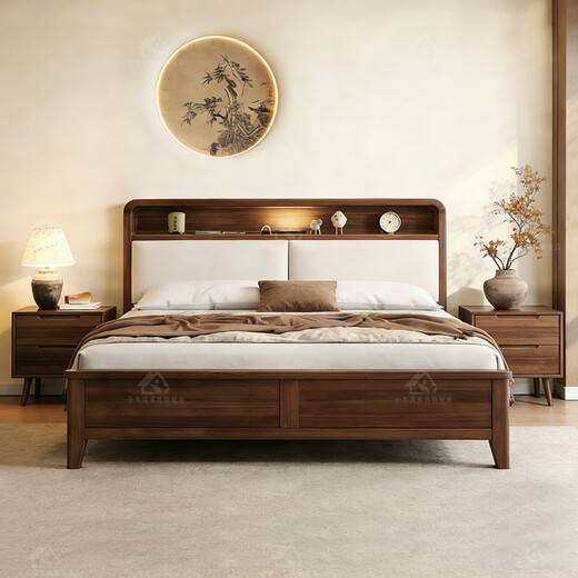 Small wooden nest solid wood bed black walnut mid-century style 1.8m double bed bedroom with light soft package bedside high box storage bed bed silent dovetail bed board 1200*2000 solid wood bedside with light and sub charging