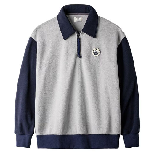 Madden workwear Sudadera de medio cárdigan de forro polar americano estilo universitario cuello polo jersey de color contrastante chaqueta cálida para hombre sudadera de forro polar gris claro de otoño/sudadera para hombre/sin capucha/ropa interior de invierno/ropa para hombres L