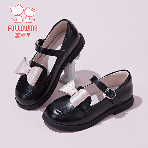 Fuluo Mi Girls Leather Shoes Spring New Sweet Bow Princess Shoes Little Girls Soft Sole Lightweight Loafers Black 30