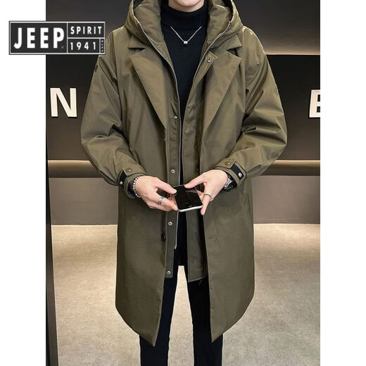 JEEP SPIRIT吉普假两件中长款羽绒服男冬季2025新款高端潮牌时尚个性加厚风衣 军绿色 M 100-130斤