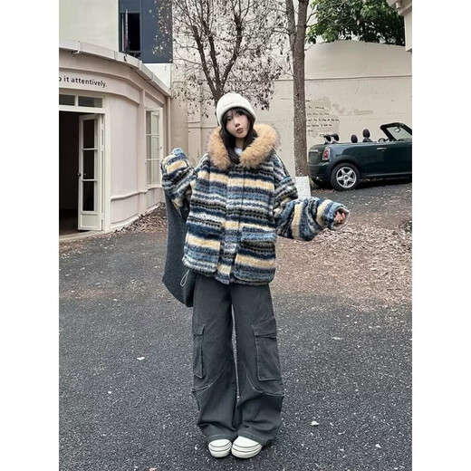 American style large fur collar contrasting color lamb wool coat for men and women winter style thickened warm hooded cotton coat blue XL