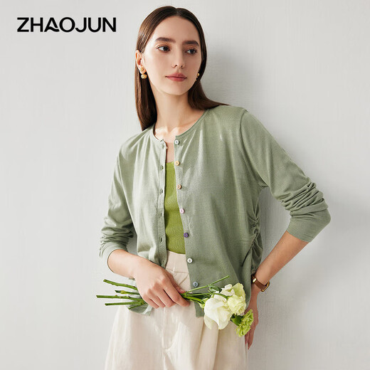 Zhaojun Spring and Summer Lyocell Tencel Sweater Women's Round Neck Long Sleeve Cardigan Solid Color Thin Top Mint Green L