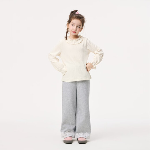 Xiaoyinman Children's Clothing Girls' Lace Round Neck Shirt 26 Spring Fashionable Long-sleeved Top for Big Children and Girls Beige 110