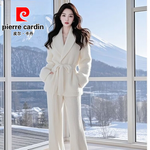 Pierre Cardin Lazy Style Lapel Sweater Jacket Wide Leg Pants Suit Women's Casual Fashion Two-piece Set 2025 Autumn and Winter New Style Dark Gray Suit Standard Edition S Recommended 80-95Jin Jin is equal to 0.5 kg