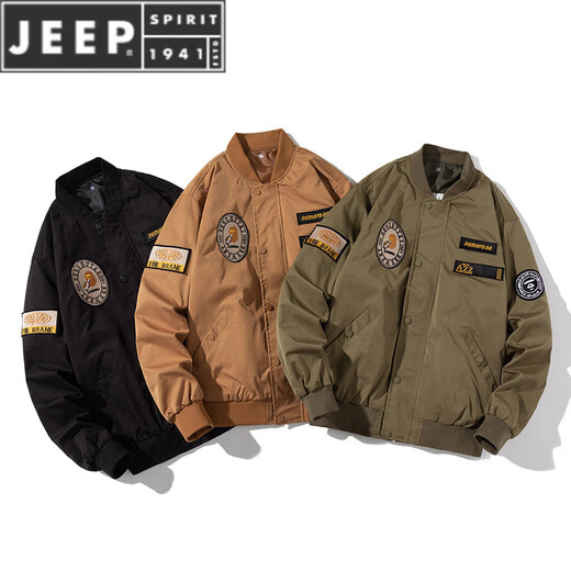 JEEP SPIRITnasa autumn and winter American retro loose baseball uniform bomber jacket men and women couples thickened cotton coat yellow brown (spring and autumn thin style) hooded removable S (80-100Jin Jin equals 0.5 kg)